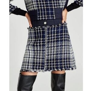 ZARA Blue Tweed Houndstooth High Waist Zipper Mini Skirt